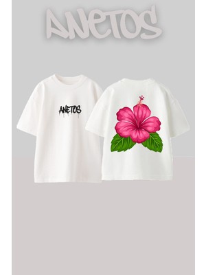 Anetos Flower 1 Tasarım Sırt Baskılı Pamuk Beyaz Oversize T-Shirt