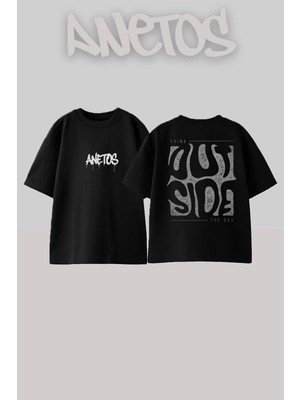 Anetos Out Side Thınk Tasarım Sırt Baskılı Pamuk Siyah Oversize T-Shirt