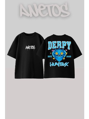 Anetos Derpy Huntrx Tasarım Sırt Baskılı Pamuk Siyah Oversize T-Shirt