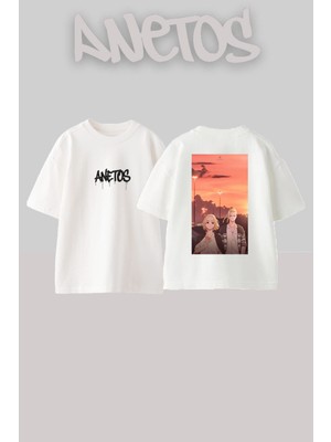 Anetos Tokyo Revenges Draken Mikey Tasarım Sırt Baskılı Pamuk Beyaz Oversize T-Shirt