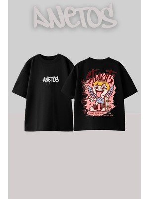 Anetos Stunts Tasarım Sırt Baskılı Pamuk Siyah Oversize T-Shirt