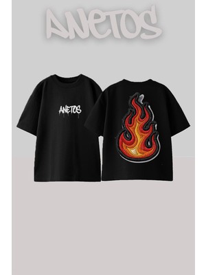Anetos Fire 1 Tasarım Sırt Baskılı Pamuk Siyah Oversize T-Shirt