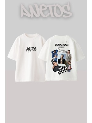 Anetos Jungkook Tasarım Sırt Baskılı Pamuk Beyaz Oversize T-Shirt