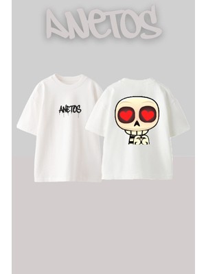 Anetos Aşk Tasarım Sırt Baskılı Pamuk Beyaz Oversize T-Shirt