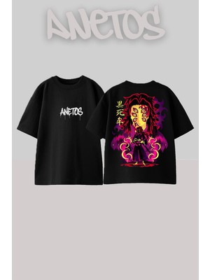 Anetos Demon Slayer 29 Tasarım Sırt Baskılı Pamuk Siyah Oversize T-Shirt