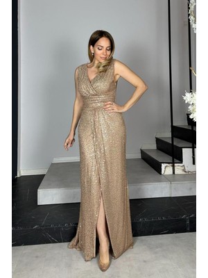 G1360 Drape Detaylı Payet Abiye Elbise Gold