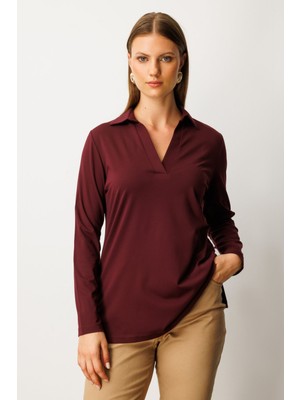On Kadın Büyük Beden Polo Yaka Basic Bluz 61332 Bordo