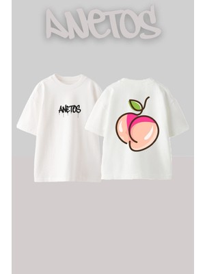 Anetos Bıkınılı Seftalı Tasarım Sırt Baskılı Pamuk Beyaz Oversize T-Shirt