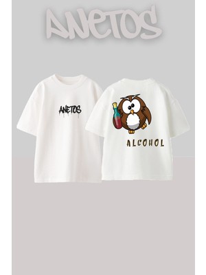 Anetos Alcohol Tasarım Sırt Baskılı Pamuk Beyaz Oversize T-Shirt