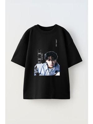Anetos Seven Jungkook Baskılı Ünisex Pamuk Siyah Oversize T Shirt