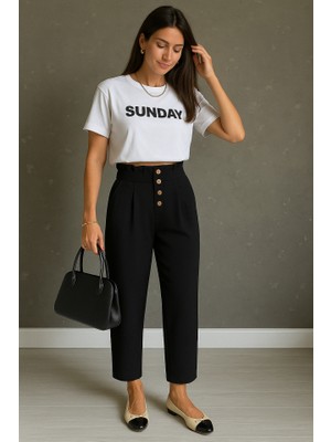 Janes Kadın Yüksek Belli Önden Düğmeli Ithal Keten Pantolon