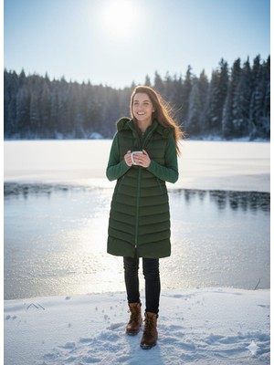 Kmk Kombin Kadın Uzun Önü Fermuarlı Kapişonlu Şişme Yelek