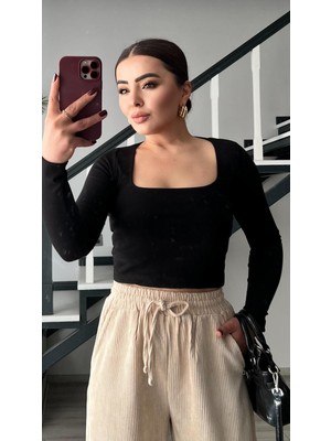 Oslove Siyah Kare Yaka Bluz