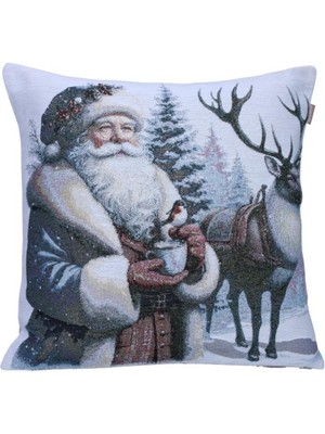 Believe Belıeve Noel Baba Kahveli Kuşlu Jakarlı Dokuma Goblen Dekoratif Simli Yılbaşı Kırlent 45*45