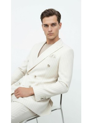Plus Scorpion Krem Çizgili Erkek Kruvaze Blazer Ceket – Italyan Kesim, Modern ve Zarif Şıklık