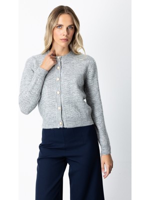 On Kadın Düğmeli Sıfır Yaka Hırka 63903 Gri