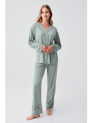 Artış Collection Uzun Kollu Düğmeli Dantelli Esnek Viskoz Pijama Takım 18206