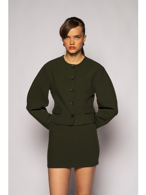 Thalure Kadın Açık Haki Balon Kol Crop Blazer