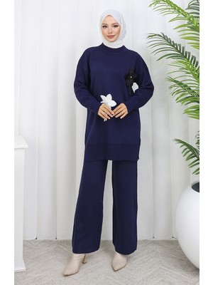 Triko Çiçekli Tunik Pantolon Ikili Takım 1077-08 Lacivert