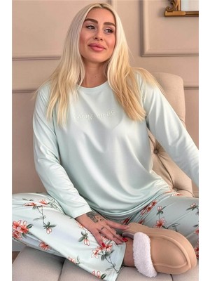 Mint Spring Is My Life Çiçek Desenli Uzun Kollu Bambu Örme Kadın Pijama Takımı