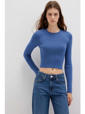 Mavi Bisiklet Yaka Mavi Crop Kazak 1710474-70738