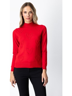 On Kadın Püsküllü Kalp Detaylı Dik Yaka Kazak 65325 Kırmızı