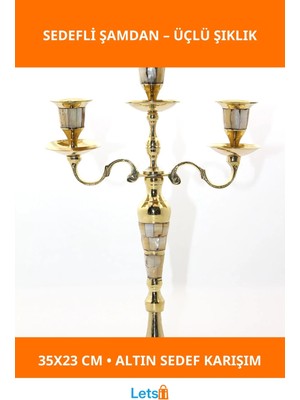 Letsii Pirinç Sedefli 3'lü Şamdan Altın Detaylı Dekoratif