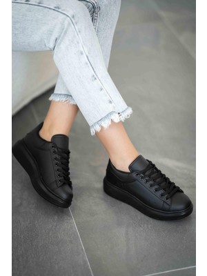 Rümeysa Queen Bağcıklı Kadın Deri Spor Ayakkabı Siyah Siyah