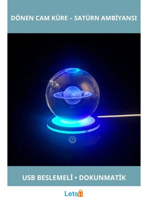 Letsii Usb'li Satürn Tasarımlı Dönen Cam Küre 8 cm Ambiyans Aydınlatma