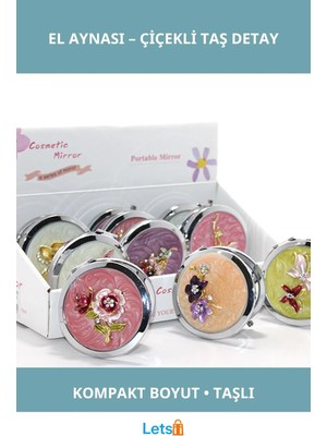 Letsii Kabartmalı Çiçek Desenli Taşlı El Aynası