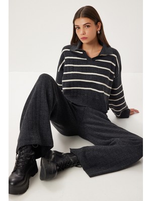 Happiness İstanbul Çizgili Triko Kazak Pantolon Takım LCI0054 Antrasit Kemik