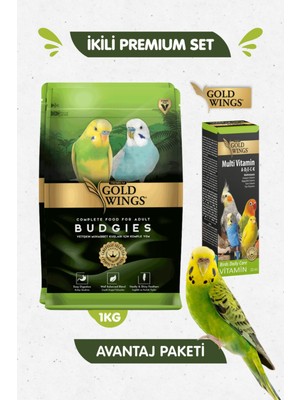 Gold Wings 2li Set - Premium Muhabbet Kuşu Yemi 1 kg + Muhabbet Kuşu Multivitamin Tüy Oluşum Desteği 20ML