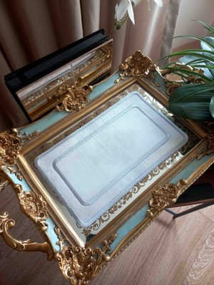 15X25 cm Çift Sıra Islemeli Keten Tepsi Örtüsü- Gümüş