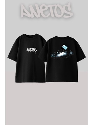 Anetos Milk Galaxy Tasarım Sırt Baskılı Pamuk Siyah Oversize T-Shirt