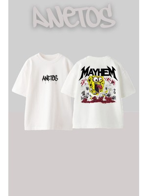 Anetos Sponge Bob Mayhem Tasarım Sırt Baskılı Pamuk Beyaz Oversize T-Shirt