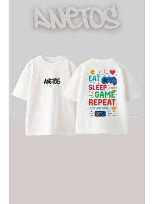 Anetos Eat Sleep Game Repeat Tasarım Sırt Baskılı Pamuk Beyaz Oversize T-Shirt