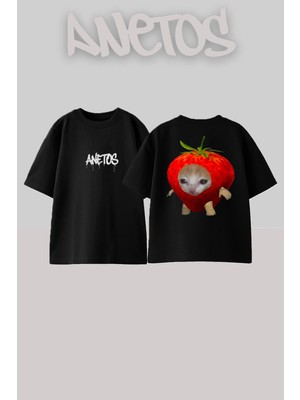 Anetos Strawberry Cat Tasarım Sırt Baskılı Pamuk Siyah Oversize T-Shirt