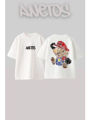 Anetos Mario 1 Tasarım Sırt Baskılı Pamuk Beyaz Oversize T-Shirt