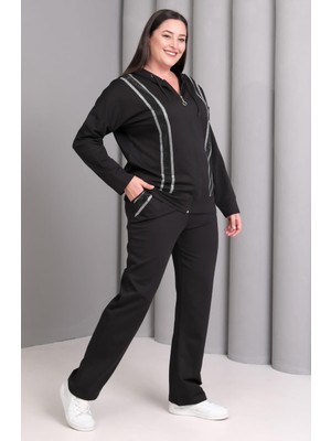 Şans Kadın Büyük Beden Siyah, Fermuar Kapama Taş Işli, Cepli Pantolon, Kapüşonlu Eşofman Takım 65N39224