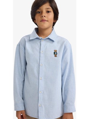 DeFacto Erkek Çocuk Oversize Geniş Kalıp Ayı Nakışlı Polo Yaka Flanel Uzun Kollu Gömlek F3995A825WN