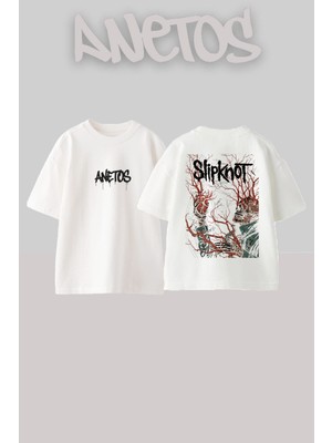 Anetos Slipknot 14 Tasarım Sırt Baskılı Pamuk Beyaz Oversize T-Shirt