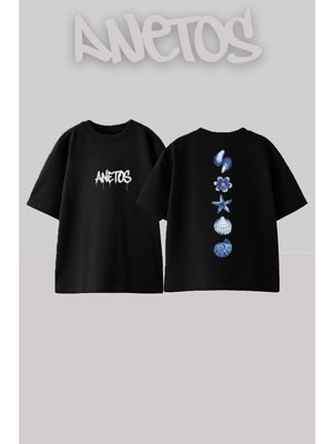 Anetos Sea Shells Tasarım Sırt Baskılı Pamuk Siyah Oversize T-Shirt
