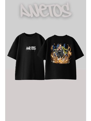 Anetos Demon Slayer 17 Tasarım Sırt Baskılı Pamuk Siyah Oversize T-Shirt