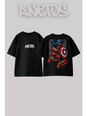 Anetos Captaın And Ironman Tasarım Sırt Baskılı Pamuk Siyah Oversize T-Shirt