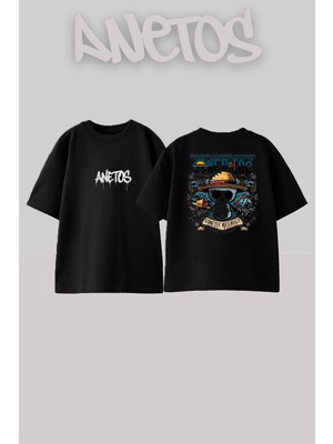 Anetos One Piace 1 Tasarım Sırt Baskılı Pamuk Siyah Oversize T-Shirt