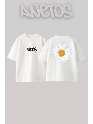 Anetos Papatya Tasarım Sırt Baskılı Pamuk Beyaz Oversize T-Shirt