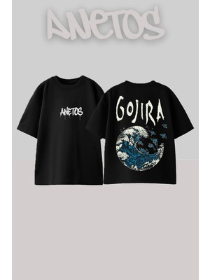 Anetos Gojıra 1 Tasarım Sırt Baskılı Pamuk Siyah Oversize T-Shirt