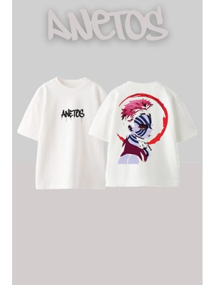 Anetos Demon Slayer Akaza 3 Tasarım Sırt Baskılı Pamuk Beyaz Oversize T-Shirt