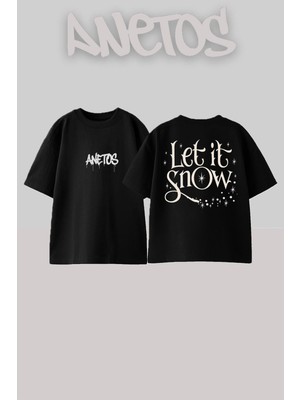 Anetos Lets It Snow Tasarım Sırt Baskılı Pamuk Siyah Oversize T-Shirt