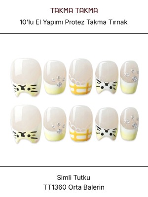 Takma Takma 10'lu Sarı Orta Balerin TT1360 Tekrar Kullanılabilir El Yapımı Protez Takma Tırnak - Sarı-S